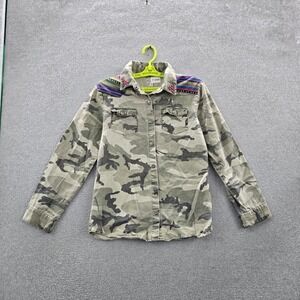 SIGNED Women Button Up Shirt XL Green Camouflage Twill Western Snap